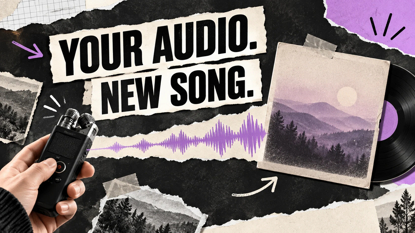 Recorder and a song sleeve in a lilac editorial collage