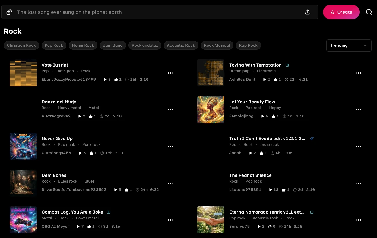 Udio public Rock discovery page with community songs