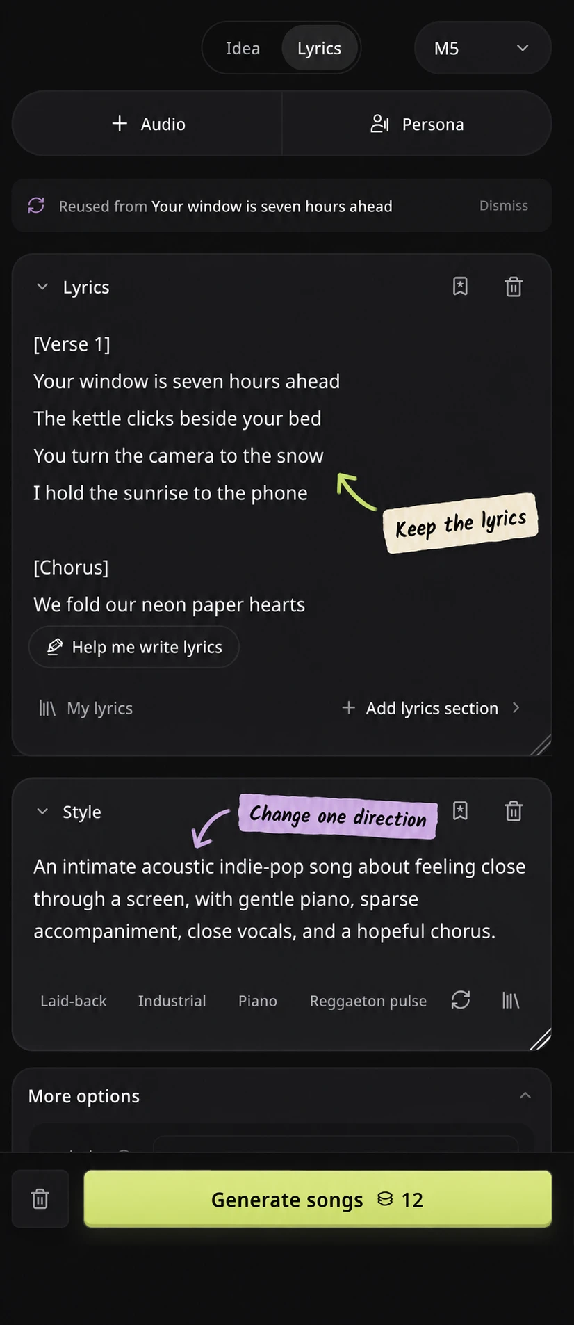 Regenerate reuses the real lyrics and M5 model while the Style field changes to an intimate acoustic direction