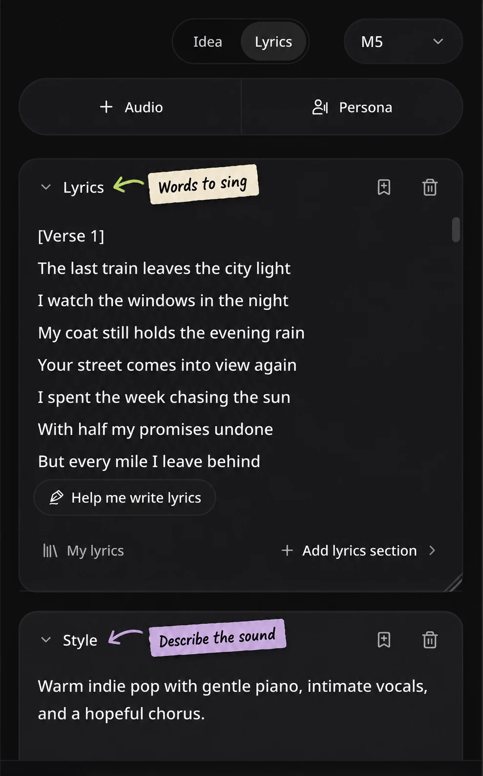 Real Lyrics and Style fields with teaching stickers distinguishing words to sing from the sound description