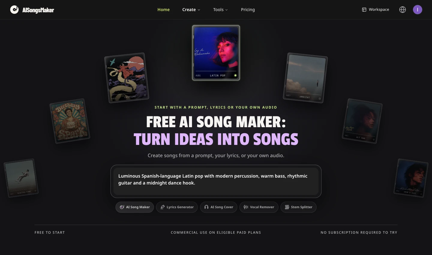 AISongsMaker homepage with song examples, prompt composer, and music tools