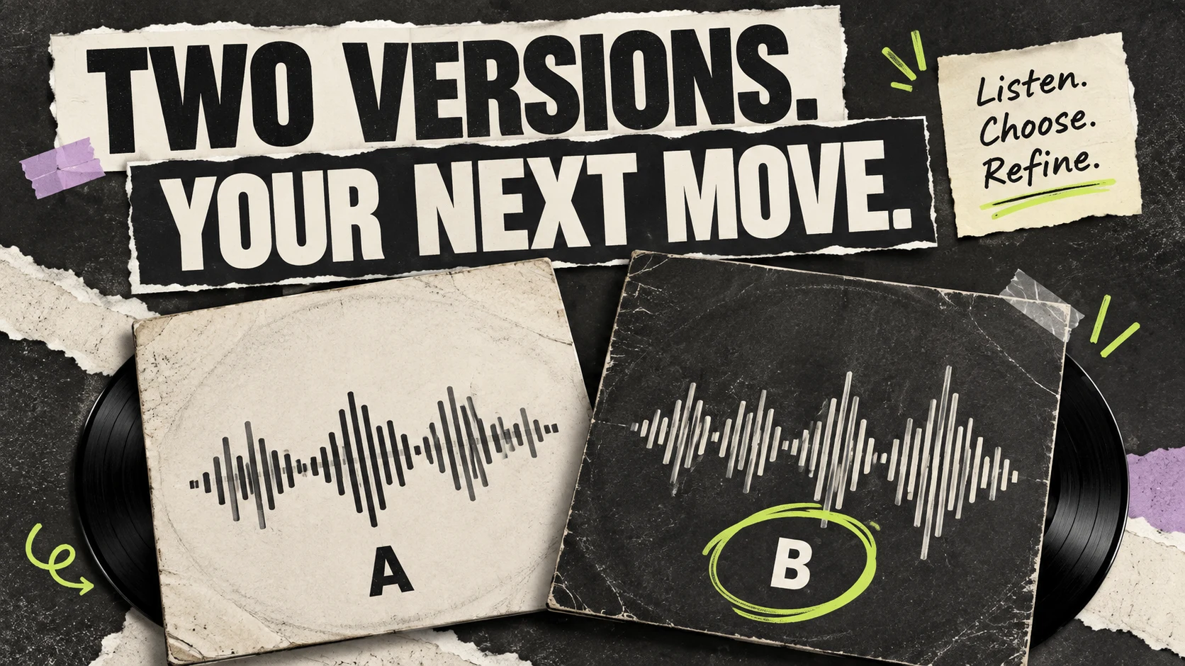 Two versions. Your next move: A and B record sleeves with a lime mark on B