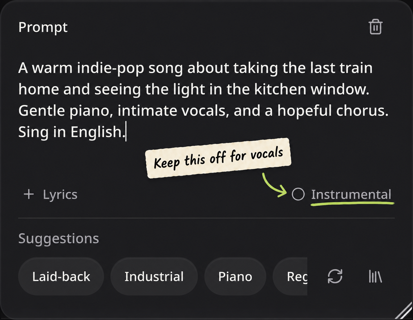 Idea Prompt with Instrumental switched off; a teaching sticker points to the empty circle for a song with vocals