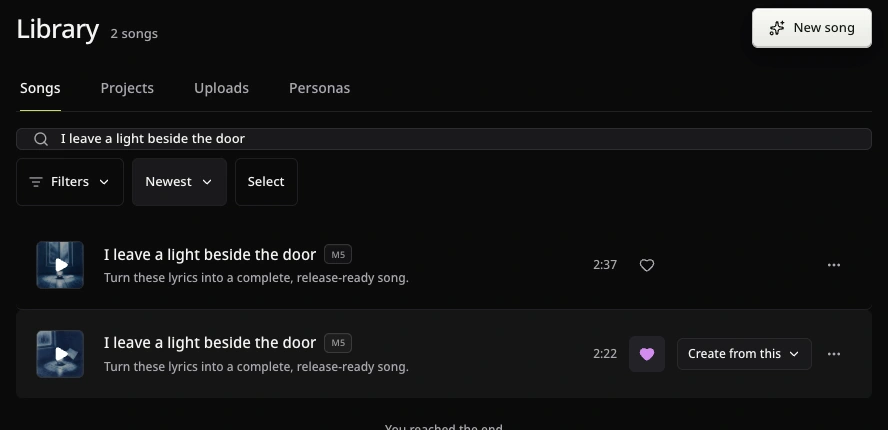 Current AISongsMaker Library with two versions of I leave a light beside the door, one Favorite and the Create from this action
