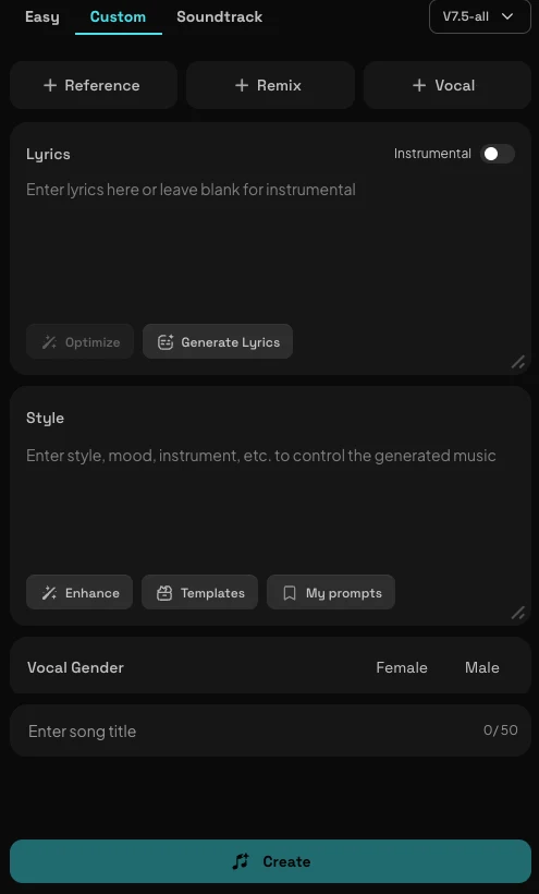 Mureka Custom creation panel with lyrics, style, reference, remix, vocal, and Create controls