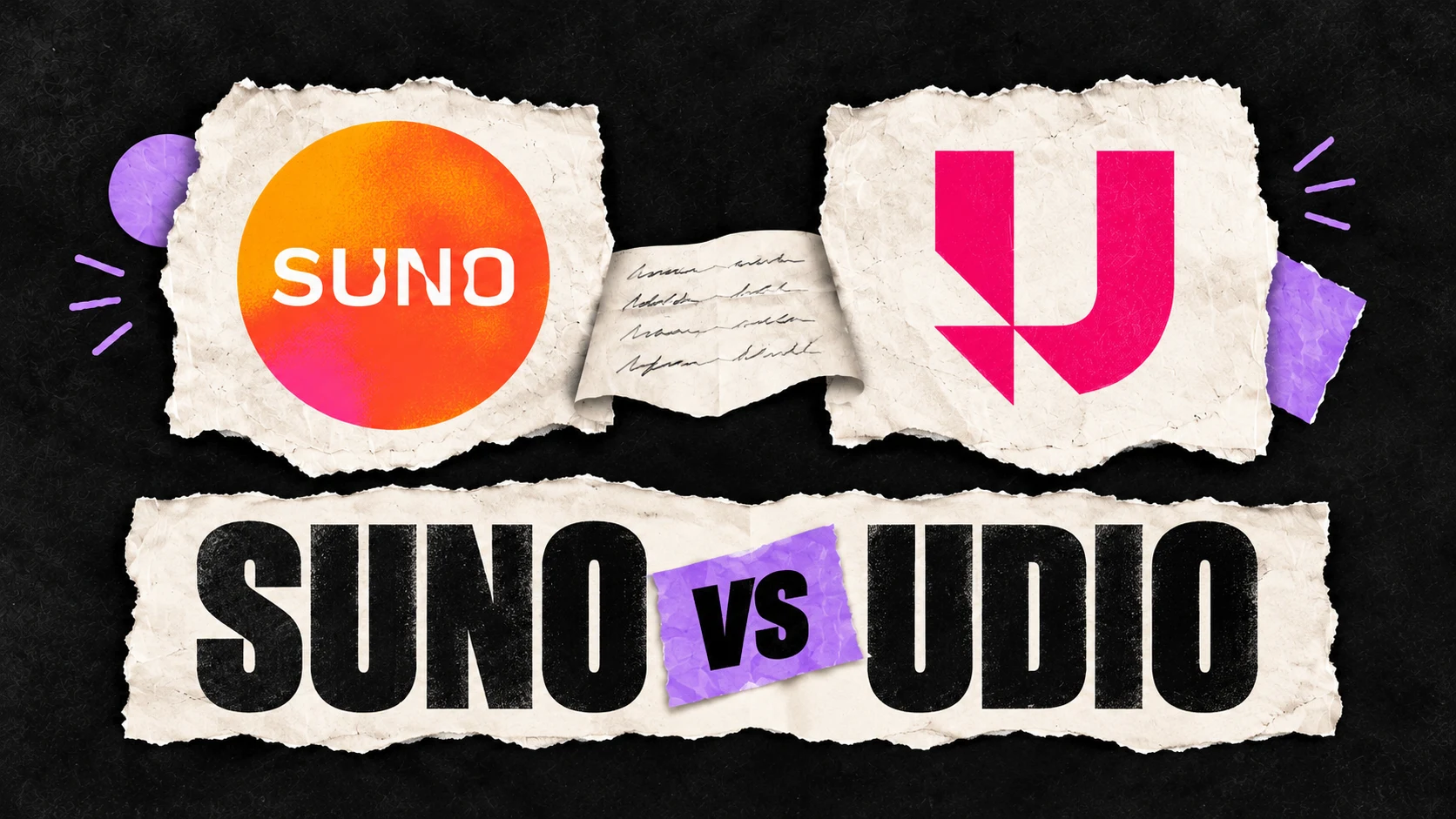 Official Suno and Udio icons on torn cream paper, connected by a lyric sheet
