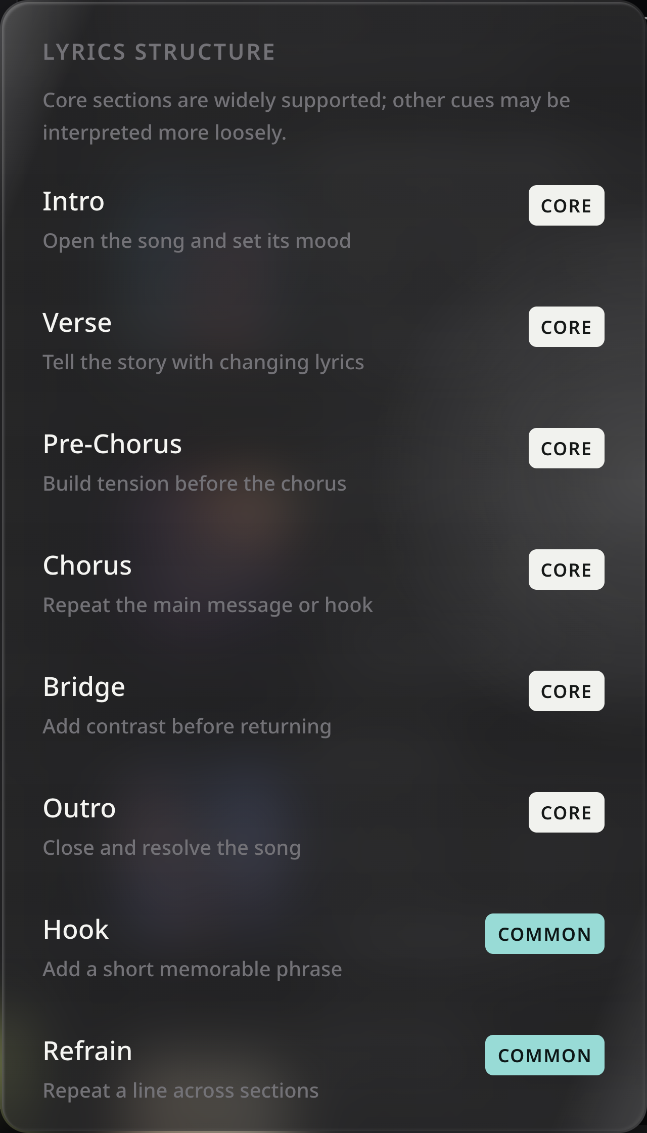 The real Add lyrics section menu explains Verse, Chorus, Bridge and other section labels