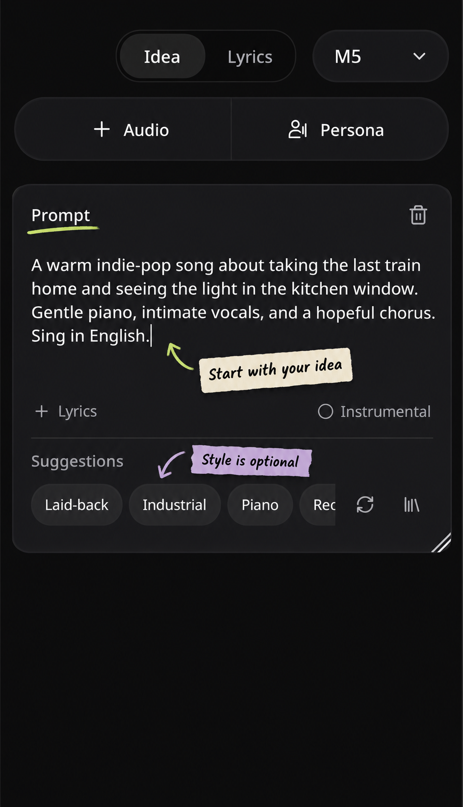 Idea composer with the example prompt; annotations identify Prompt and optional Suggestions