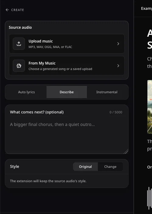 Real Extend form with source audio, continuation instruction, and Original or Change style choice