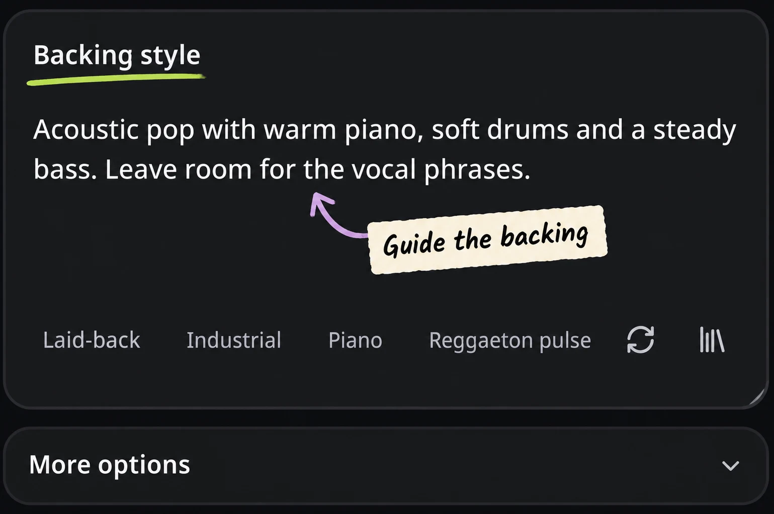 Akustik pop açıklaması ve kapalı More options ile gerçek İngilizce eşlik tarzı alanı