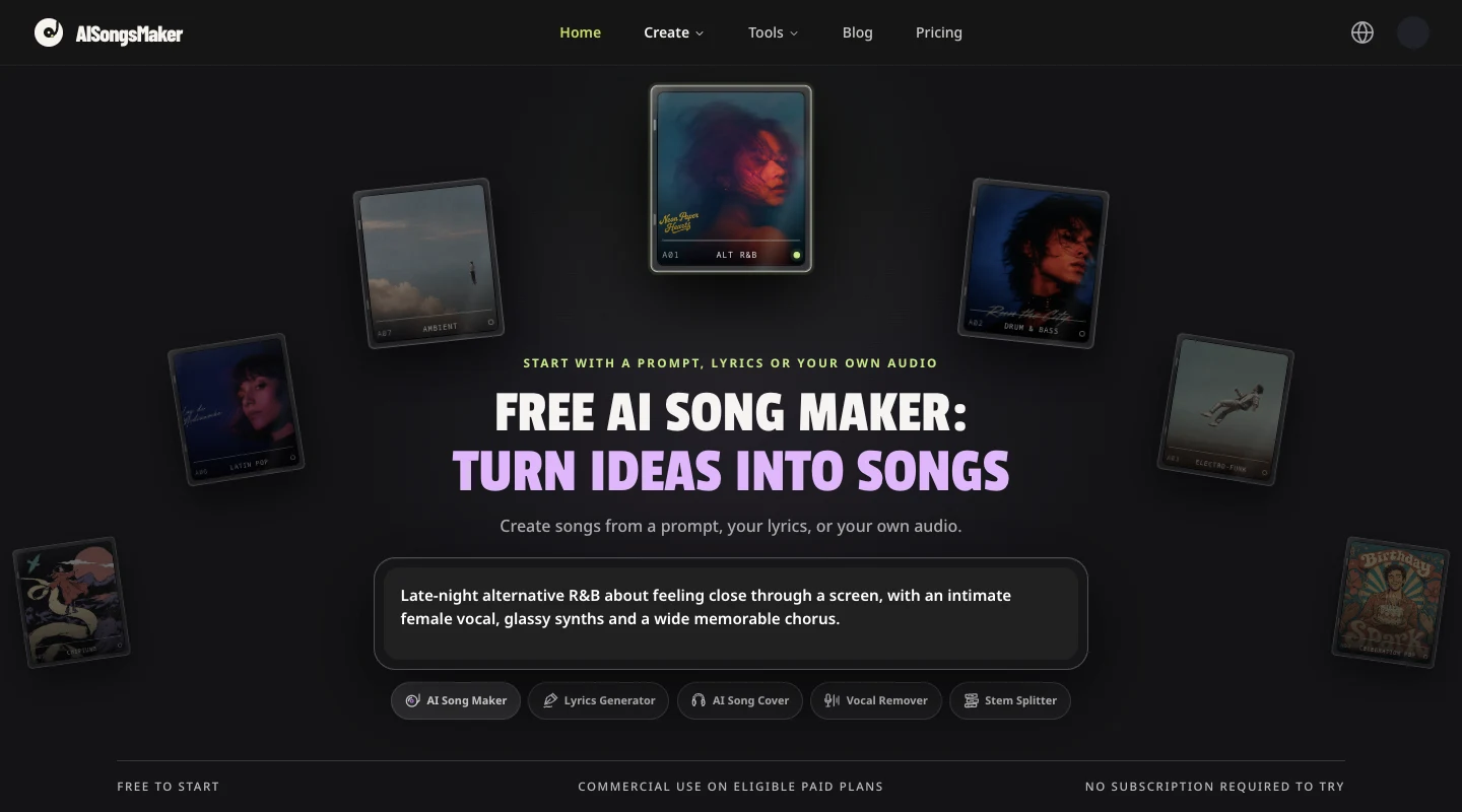 AISongsMaker homepage with public music examples, a starting composer, and tool entry points