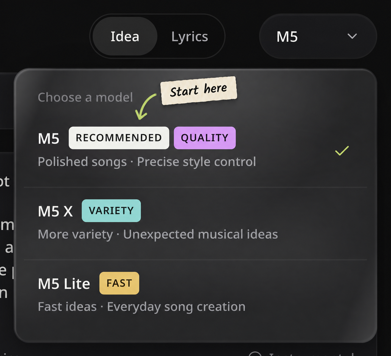 The real model menu shows M5 selected above M5 X and M5 Lite; a teaching sticker highlights M5 as the starting choice