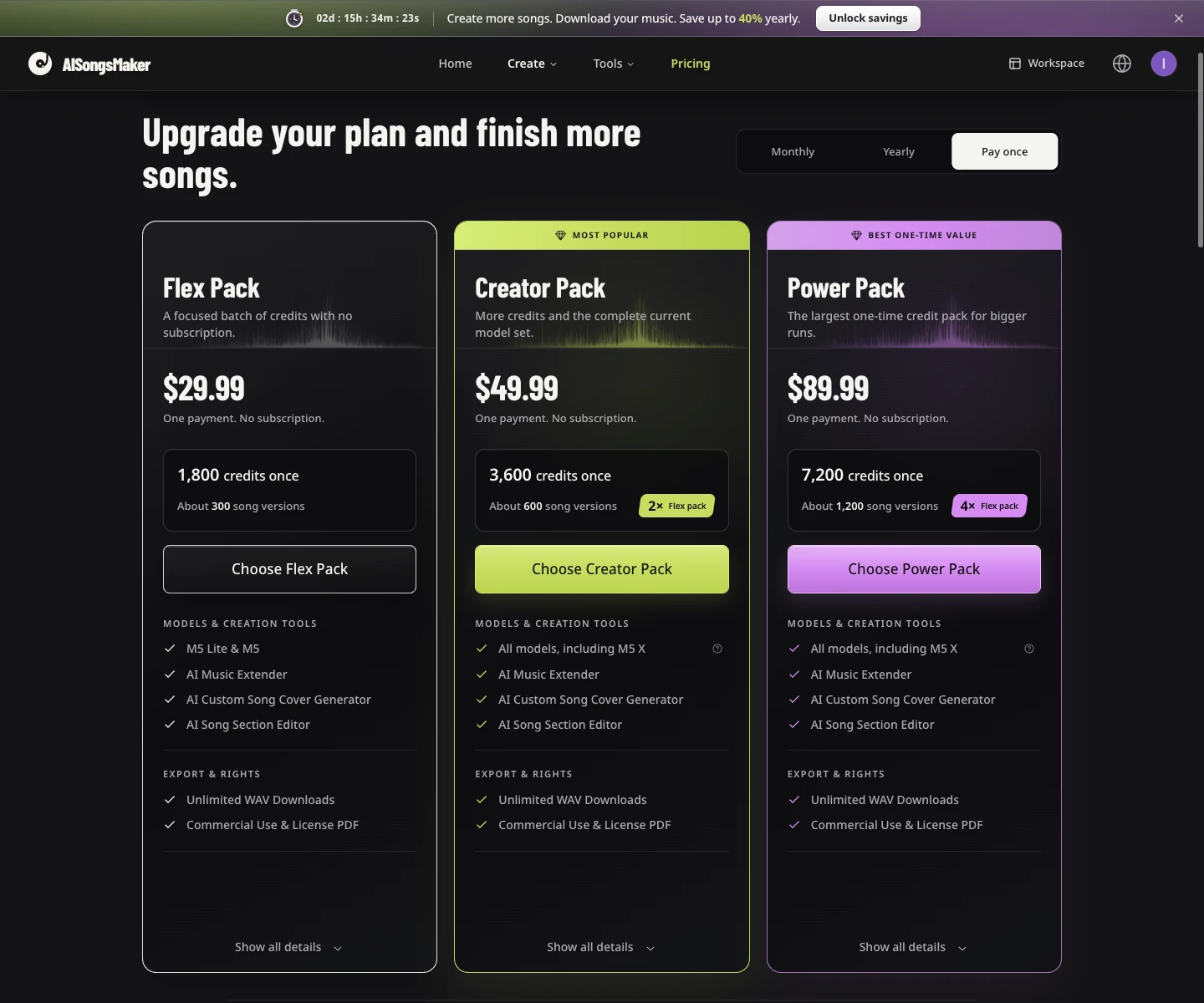 AISongsMaker Pay once plans with all three credit packs visible