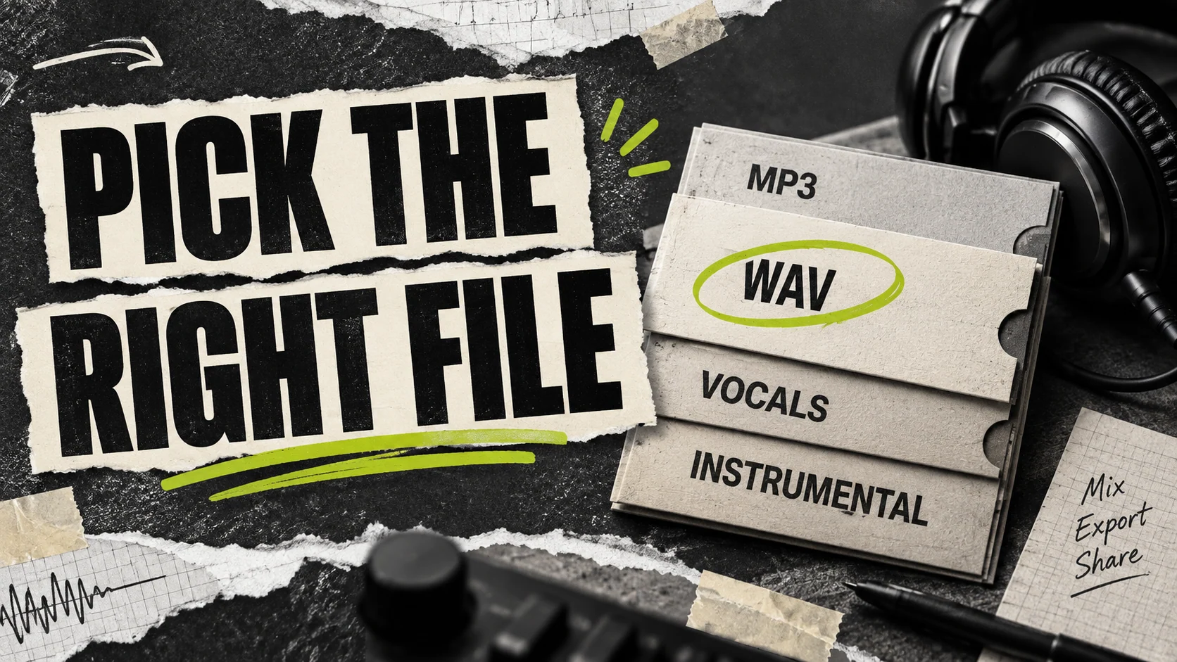 Editorial collage of audio file choices and headphones