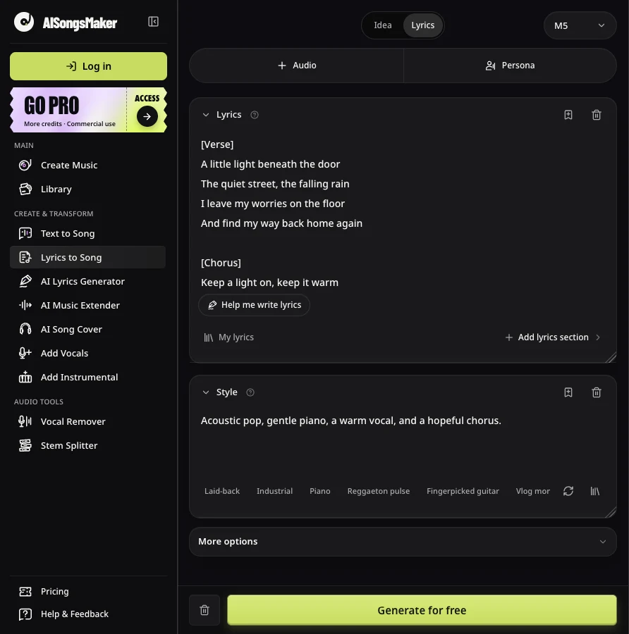 AISongsMaker Lyrics to Song composer with original example lyrics, a Style field, and writing guidance