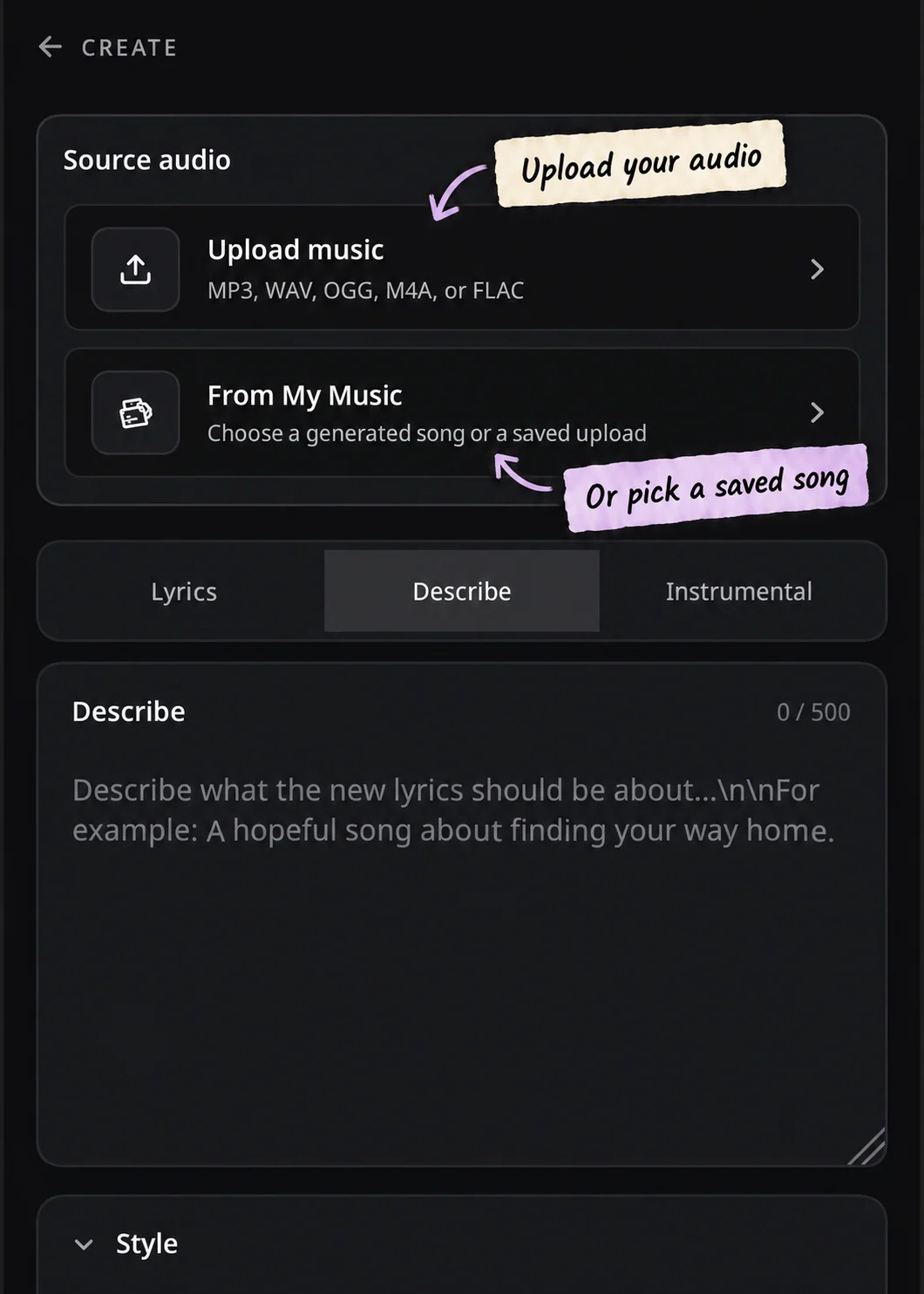 Real Cover source audio controls with teaching stickers for Upload music and From My Music