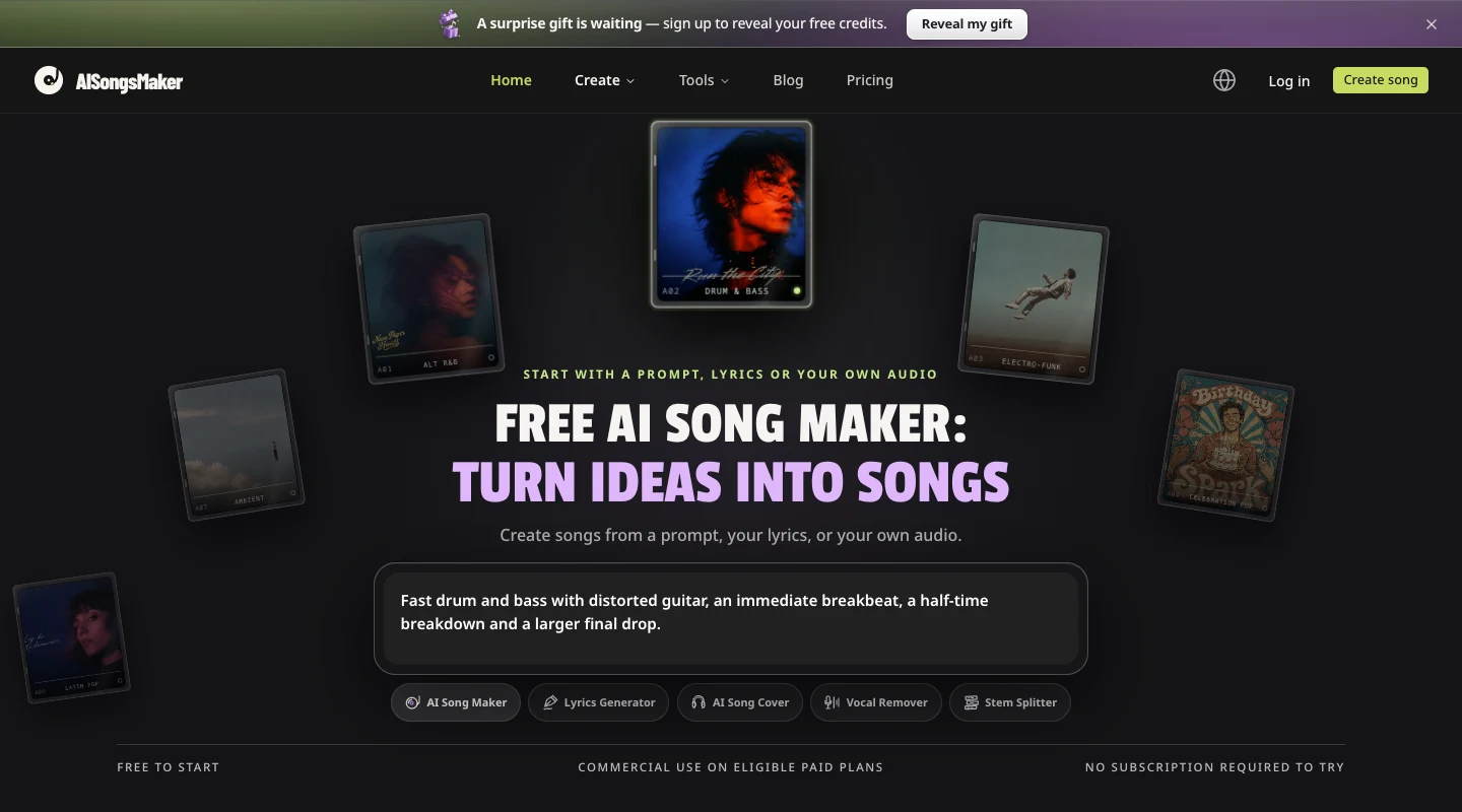AISongsMaker homepage with public song examples, a starting prompt, and music tool entry points