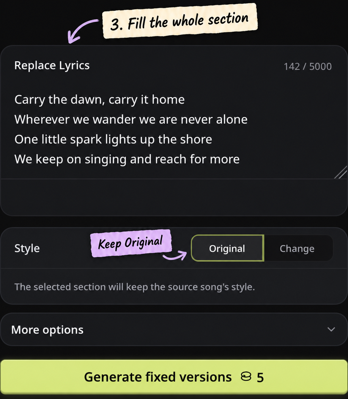 AISongsMaker replacement lyrics form with the complete section text and Original style