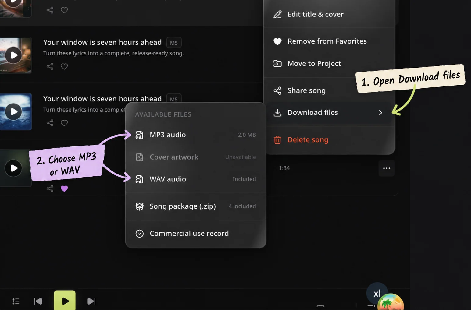 Real song Download files menu with plain 1. and 2. stickers pointing to the MP3 and WAV choices