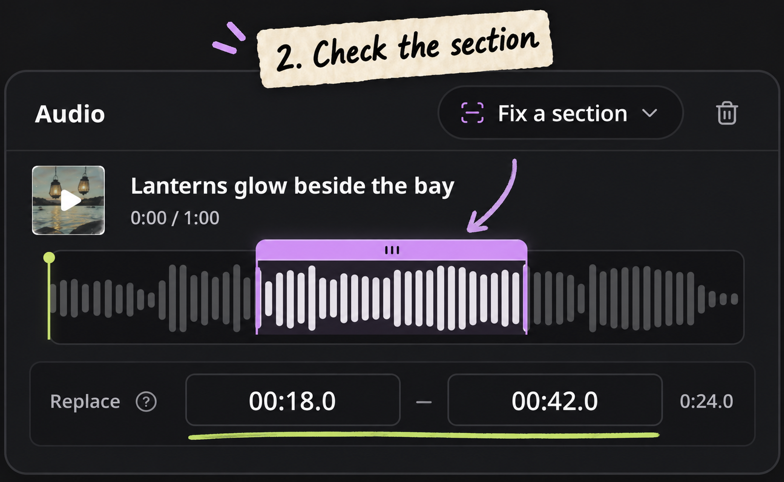 AISongsMaker Fix a section waveform with an 18–42 second selection