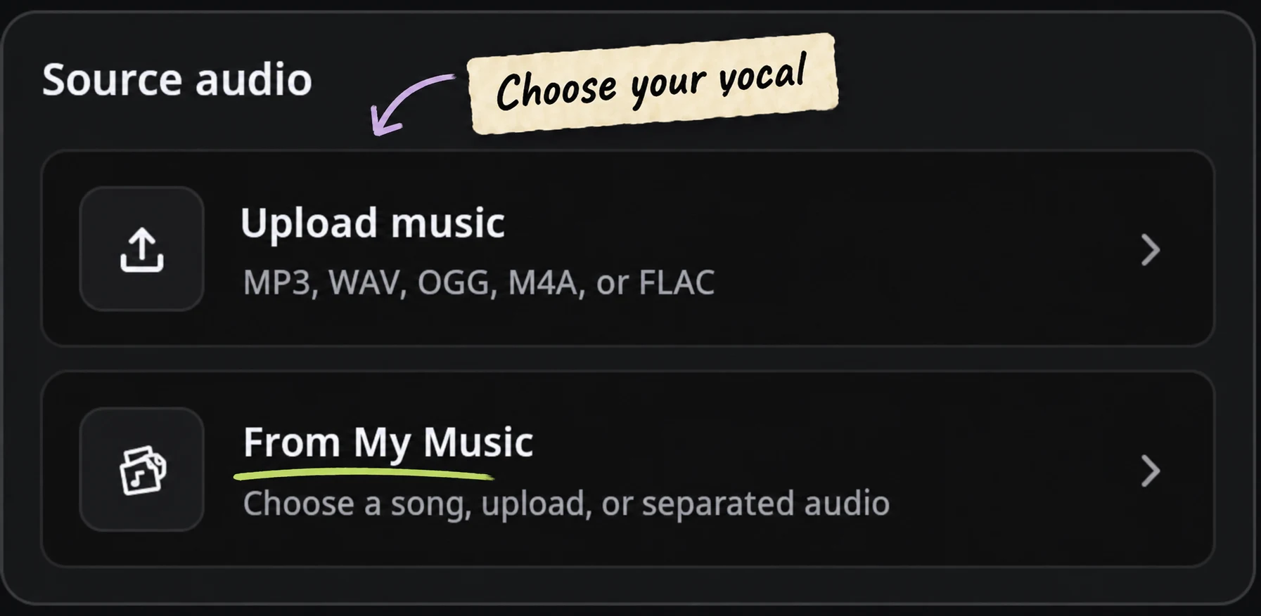 Upload music ve From My Music seçenekleriyle gerçek İngilizce kaynak seçici