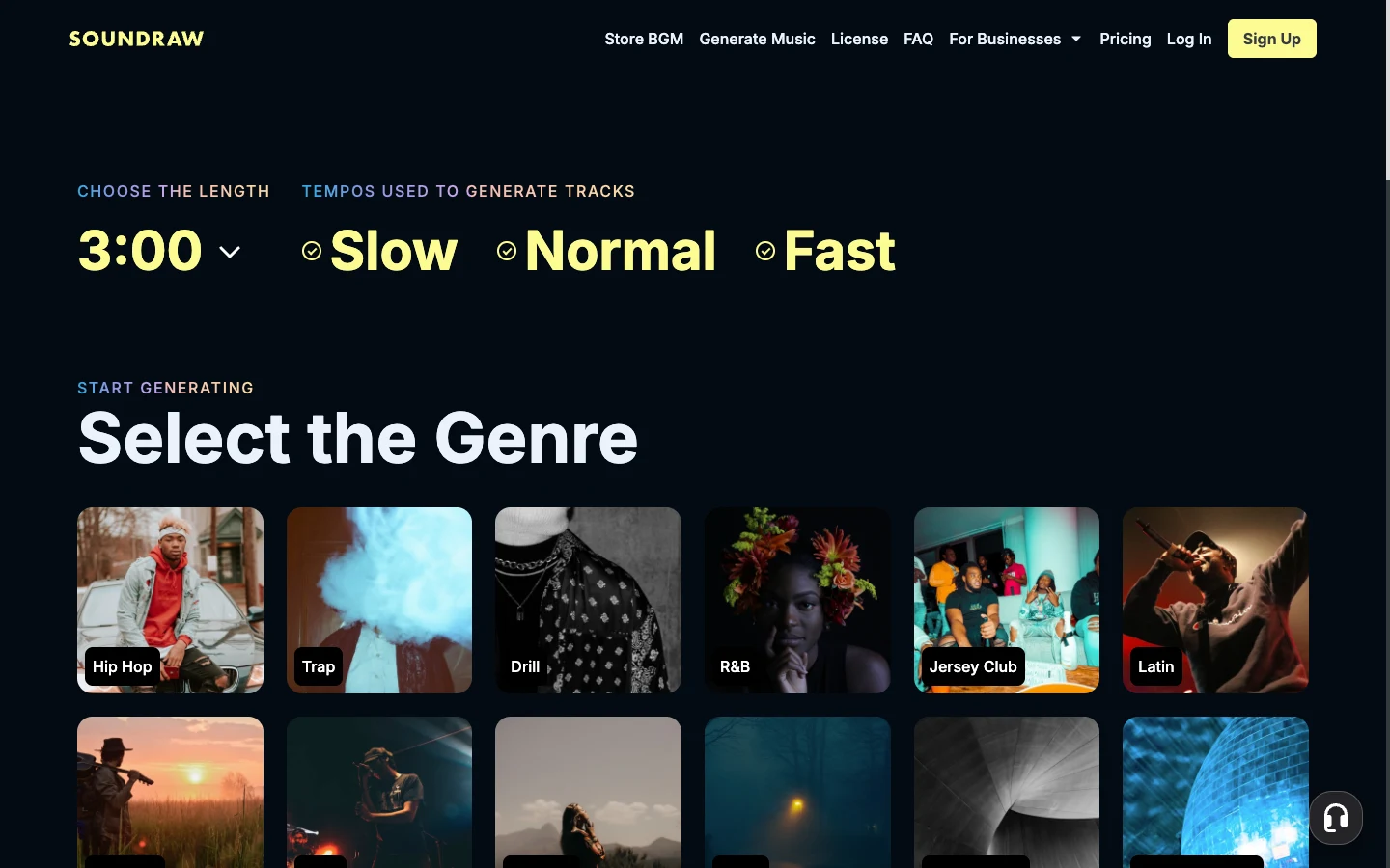 SOUNDRAW generation setup with track length, tempo choices, and genre cards