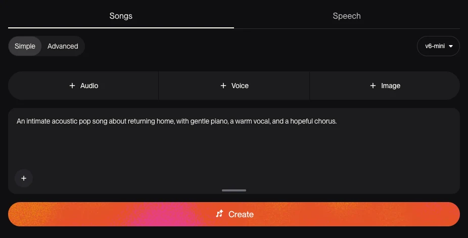 Suno Simple creation form with an original example prompt, v6-mini, audio, voice, and image inputs