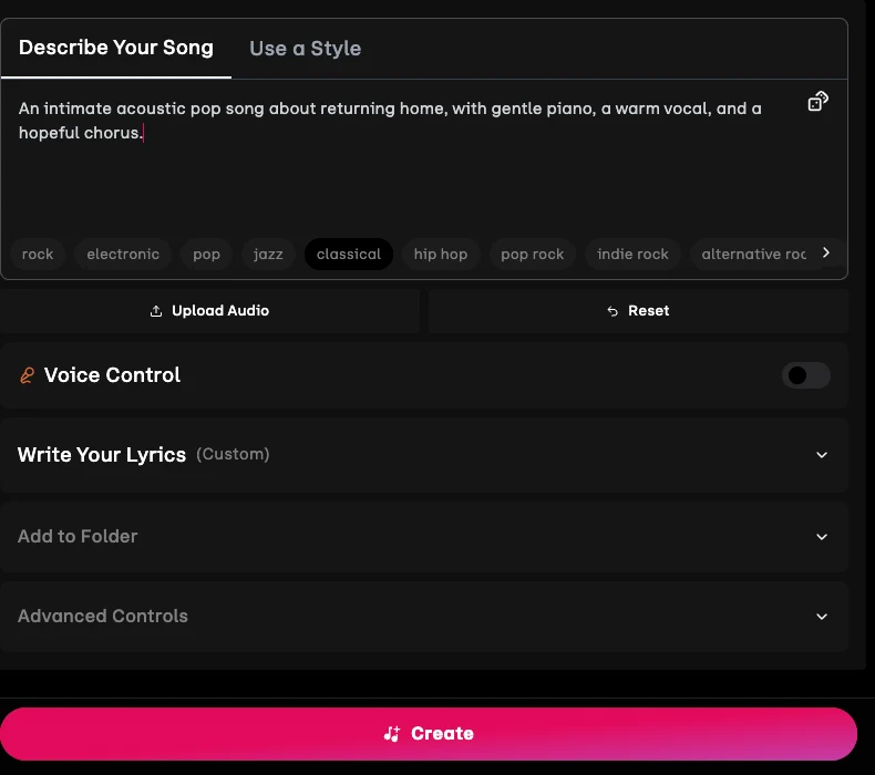 Udio creation form with an original example prompt, Upload Audio, Voice Control, and custom lyrics entry