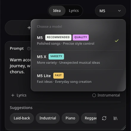 Current AISongsMaker model chooser showing M5 for polished songs, M5 X for variety, and M5 Lite for fast ideas
