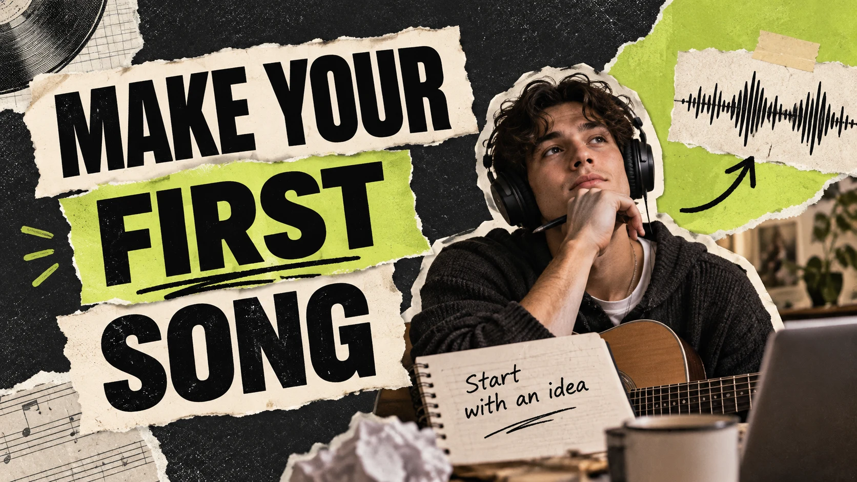 Dein erstes Lied erstellen: grüne Collage mit einer Kreativen und einem Ideenheft