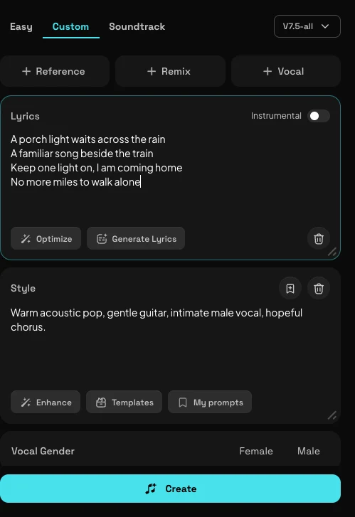 Mureka Custom form with original illustrative lyrics, Style, Reference, Remix, Vocal and Create controls