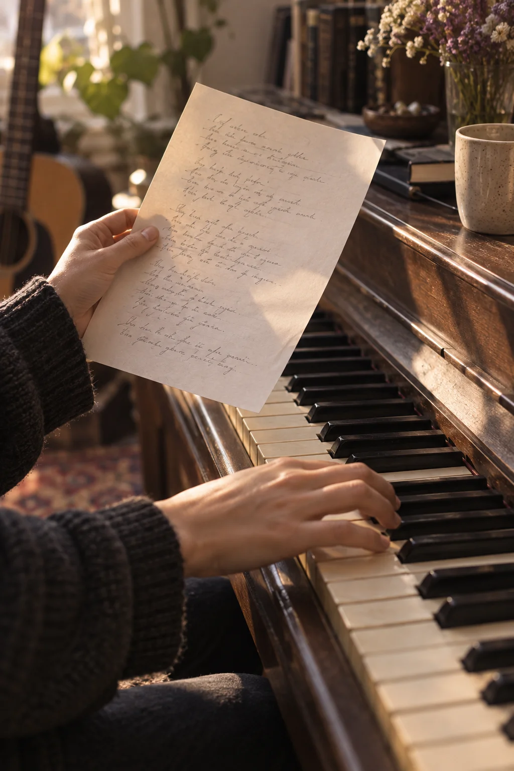 A creator holding a handwritten lyric sheet beside piano keys