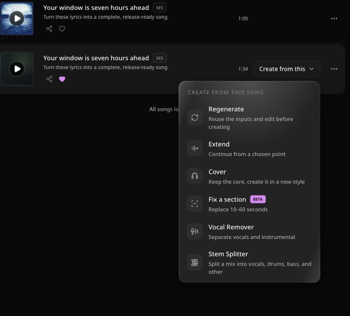 Real Create from this menu showing Regenerate, Extend, Cover and Fix a section Beta