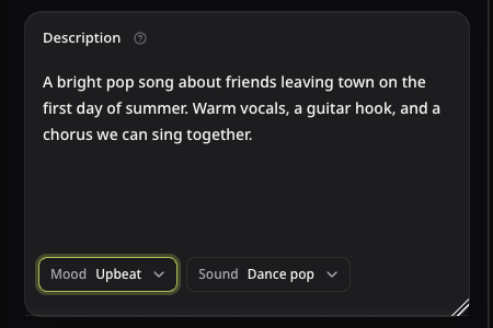 The real Pop Description field with a summer road-trip idea and compact Mood and Sound choices