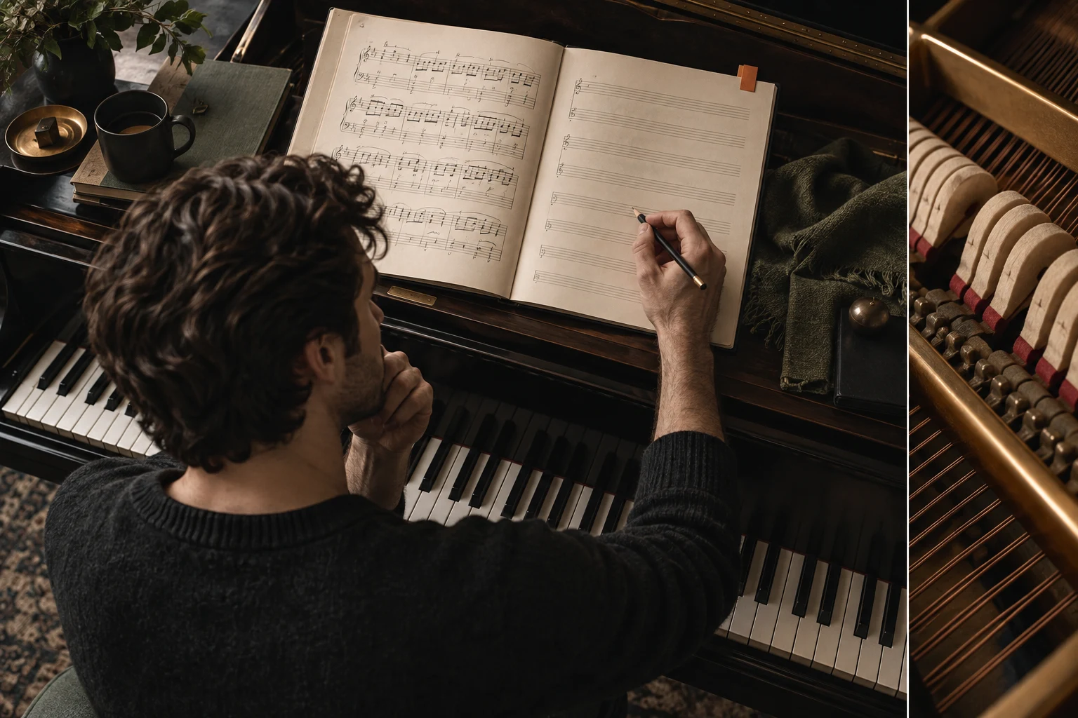 A pianist writing the next passage beside an open music manuscript