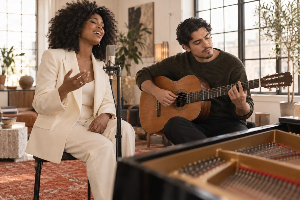A vocalist and guitarist rehearsing together
