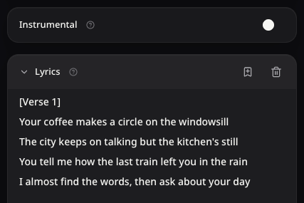 Real optional Lyrics expanded below the separate Instrumental switch on the Pop form