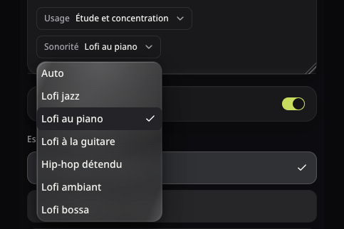 Vrais choix Usage et Sonorité avec Instrumental activé