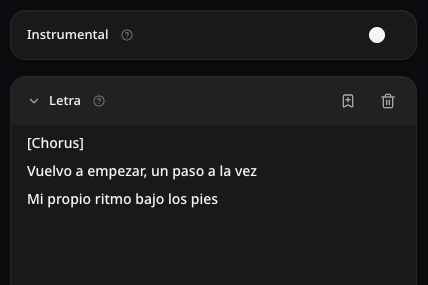 Campo real de letra desplegado bajo el interruptor independiente Instrumental