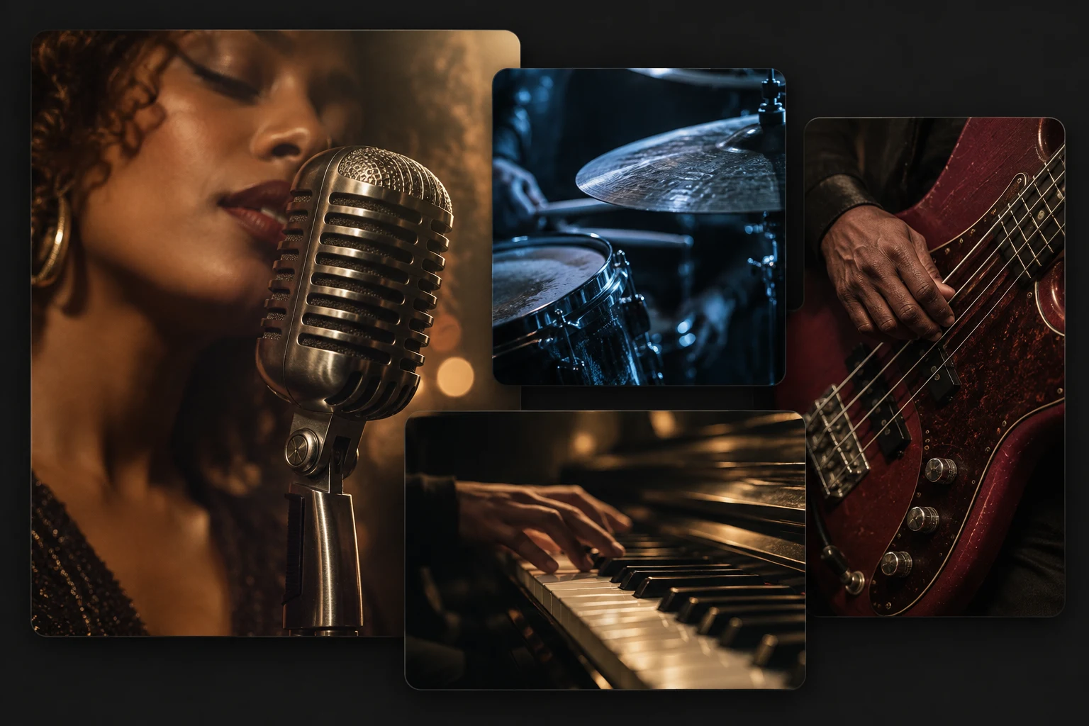 A photographic collage of vocals, drums, bass and piano