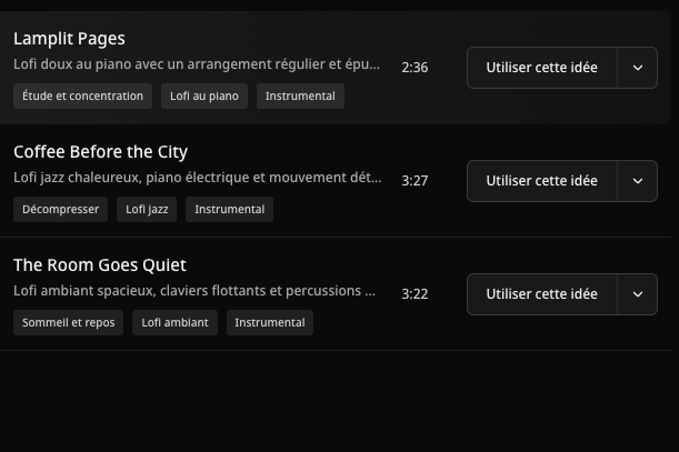 Exemples lofi publics avec titres, durées réelles et actions de réutilisation, sans pochettes