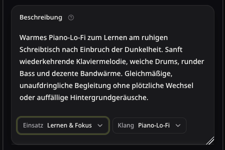 Echtes Lo-Fi-Beschreibungsfeld mit einer ruhigen Klavieridee zum Lernen