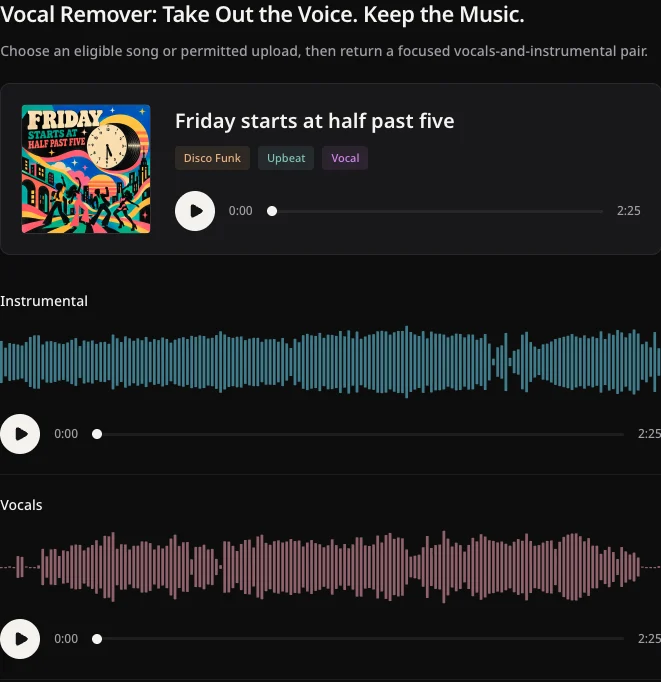 Existing public Friday example with original, instrumental, and vocal playback controls