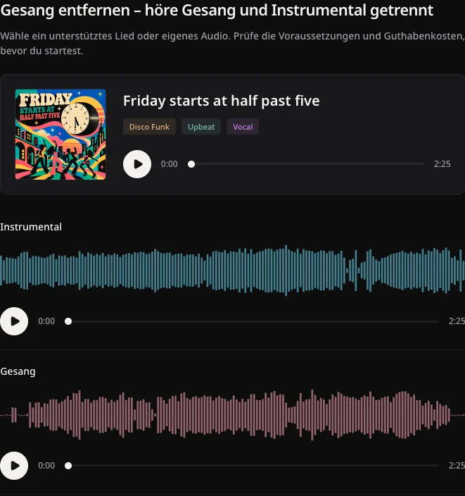 Vorhandenes öffentliches Friday-Beispiel mit Wiedergabe für Original, Instrumental und Gesang