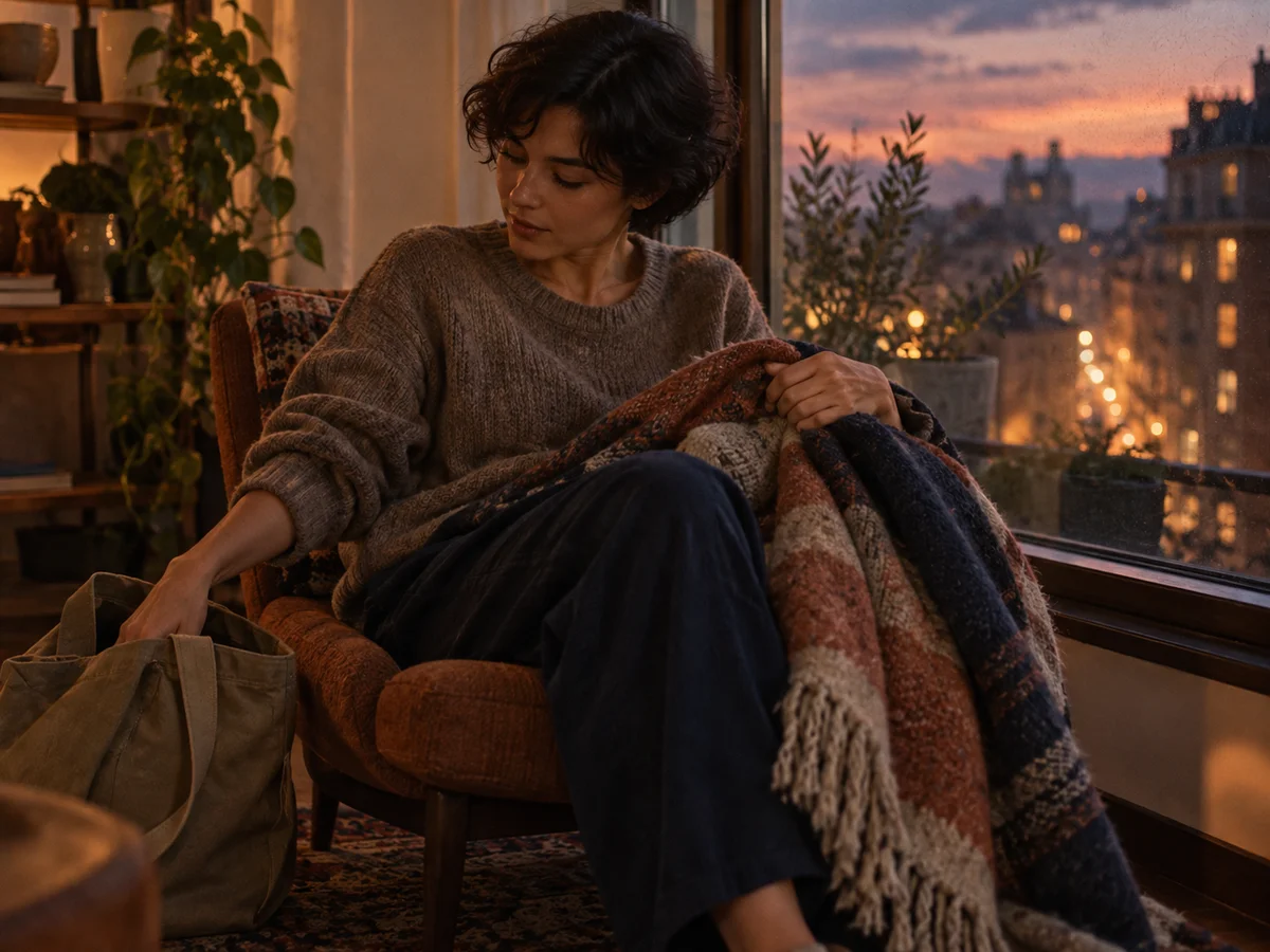 A quiet evening scene with a person settling beside a window and soft textile textures