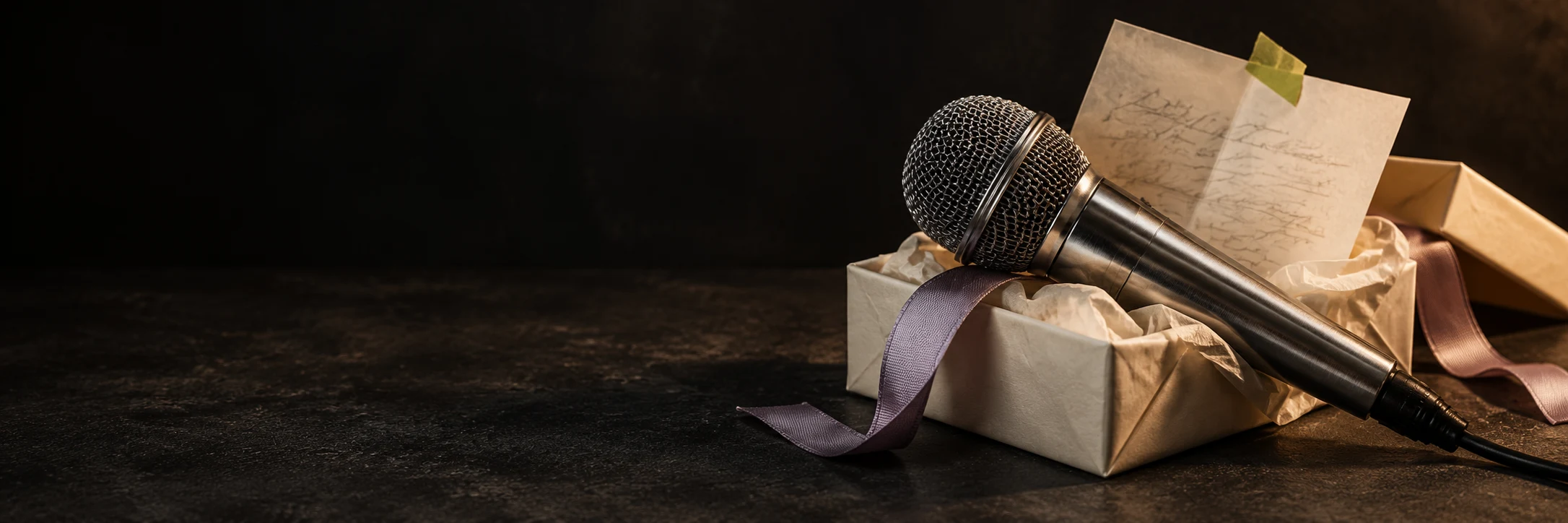 A silver microphone and folded lyric note inside a cream birthday gift box