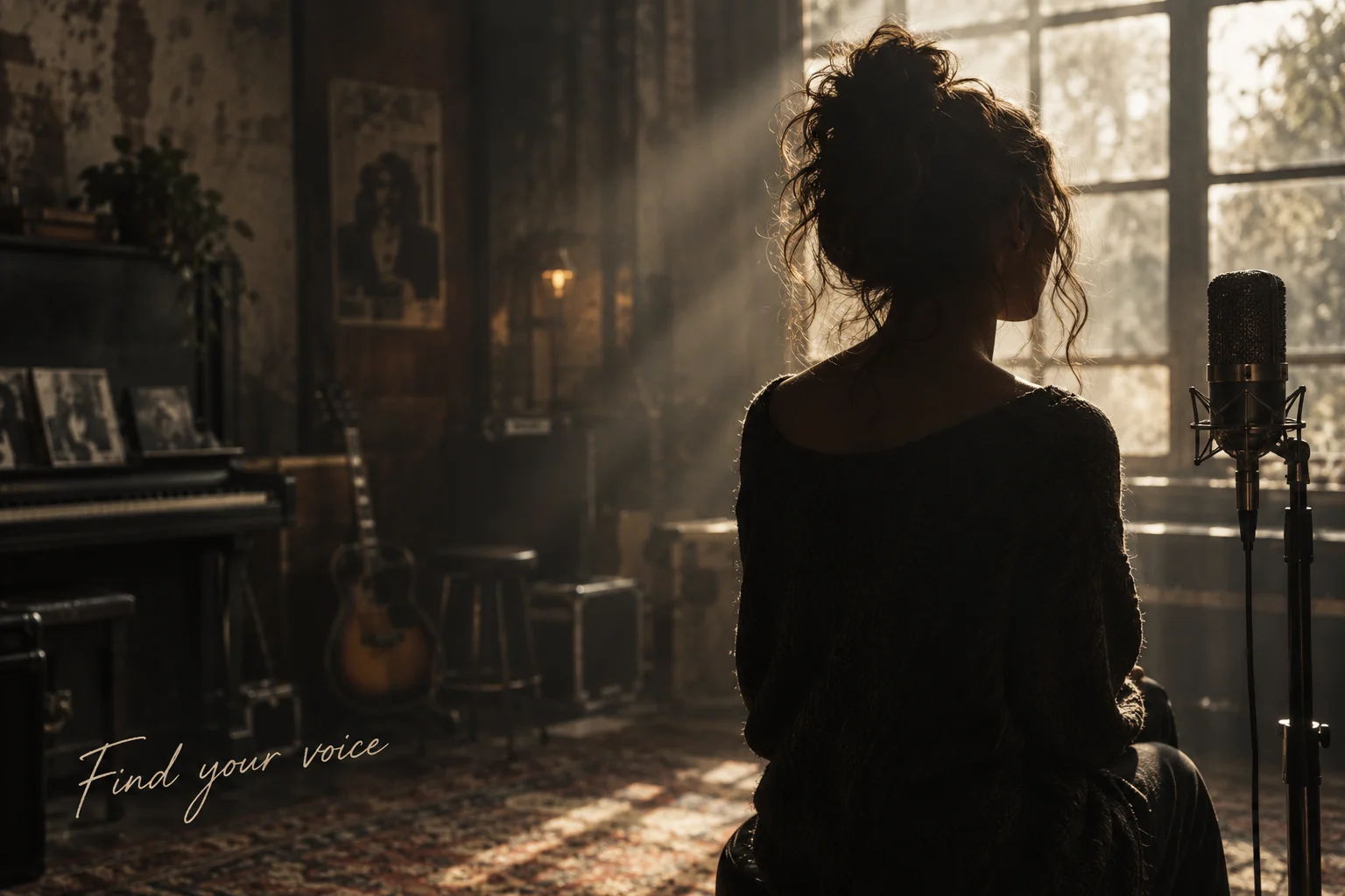 Backlit singer beside a studio microphone