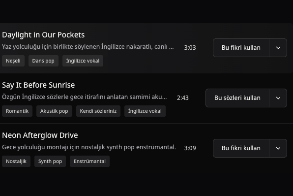 Kapakları kırpılmış gerçek Pop örnek listesi; şarkı adları, süreleri ve fikri kullanma düğmeleri