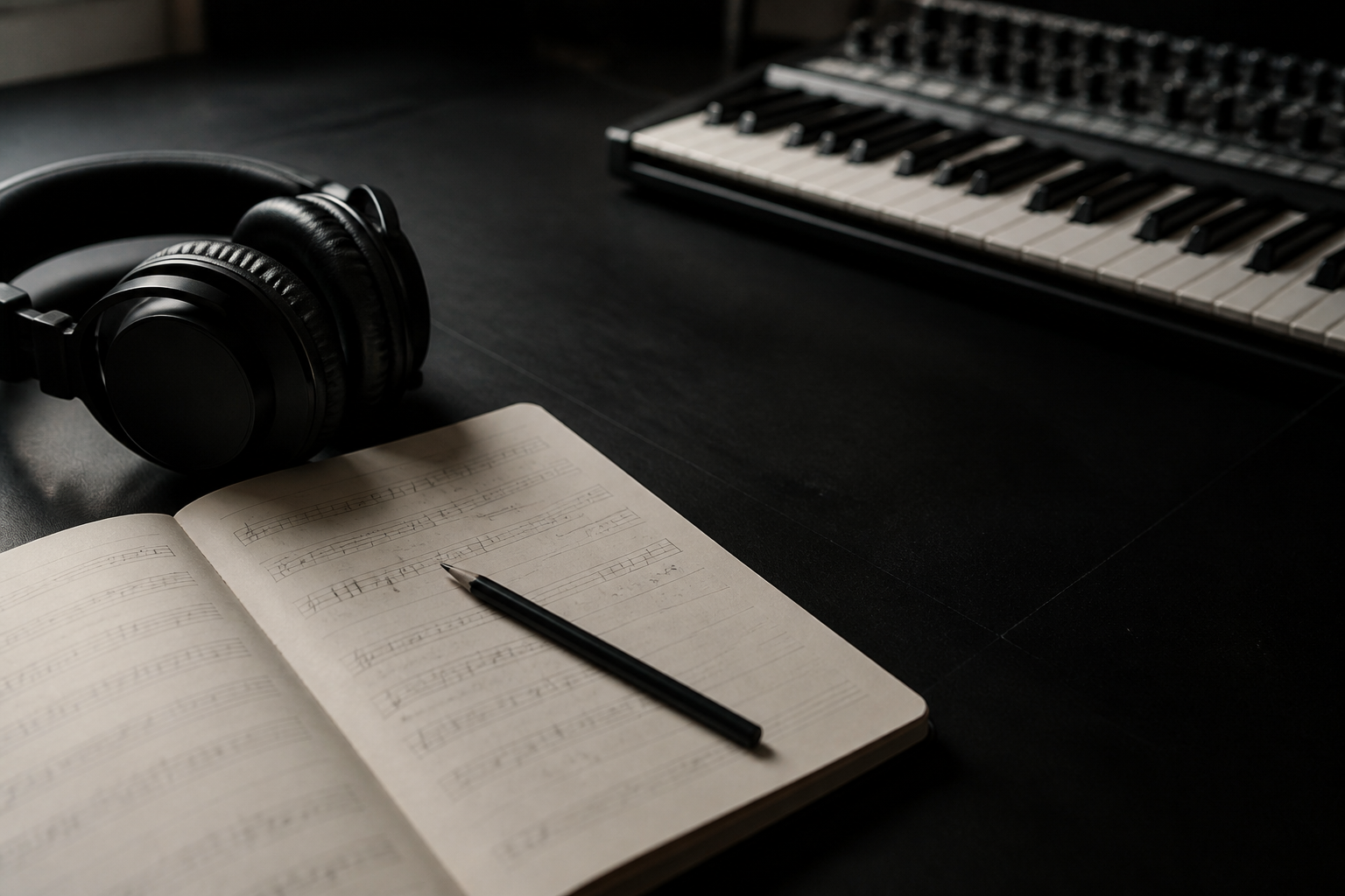 Songwriting desk with headphones, music notebook and keyboard