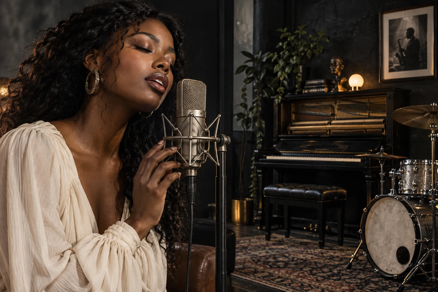 A vocal performance alongside piano and drums in a listening-room composition